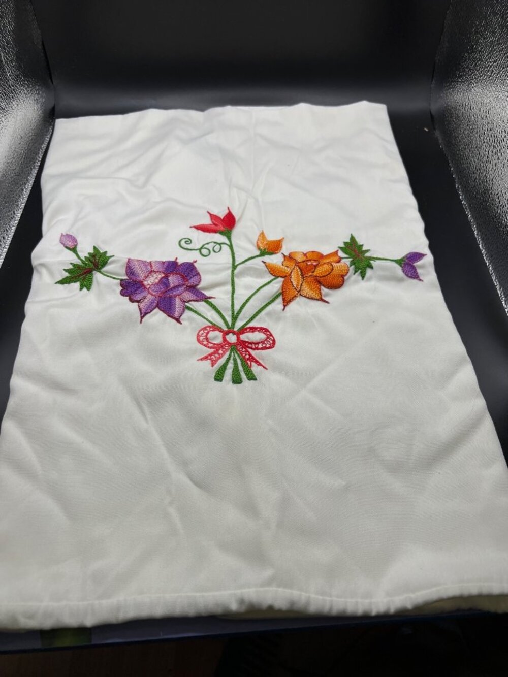 Hand-Embroidered Vintage Floral White Pillowcase Blue Scalloped Edges vintage